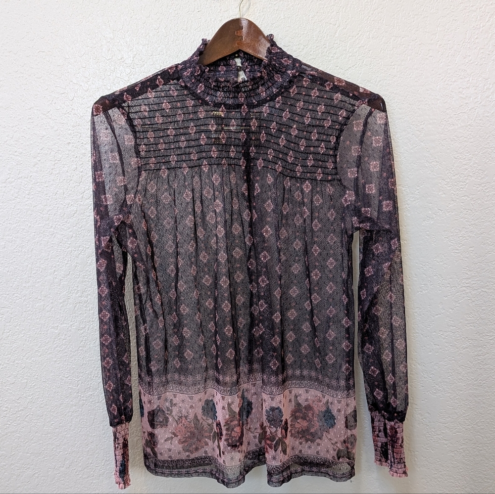Whimsigoth Sheer Rose Floral Long Sleeve Ruffle Cuff Blouse Size Medium